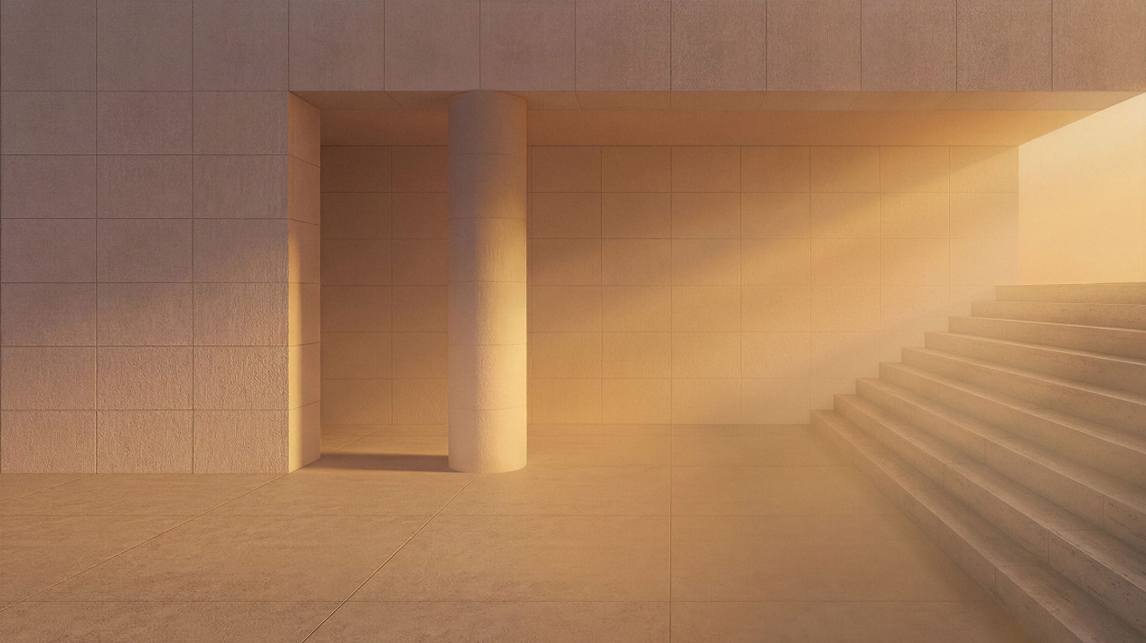 Minimalist exhibition space with stone walls, column and staircase lit with warm light