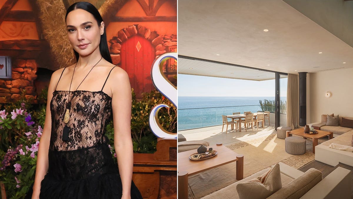 A split image of Gal Gadot and the inside of her Malibu home