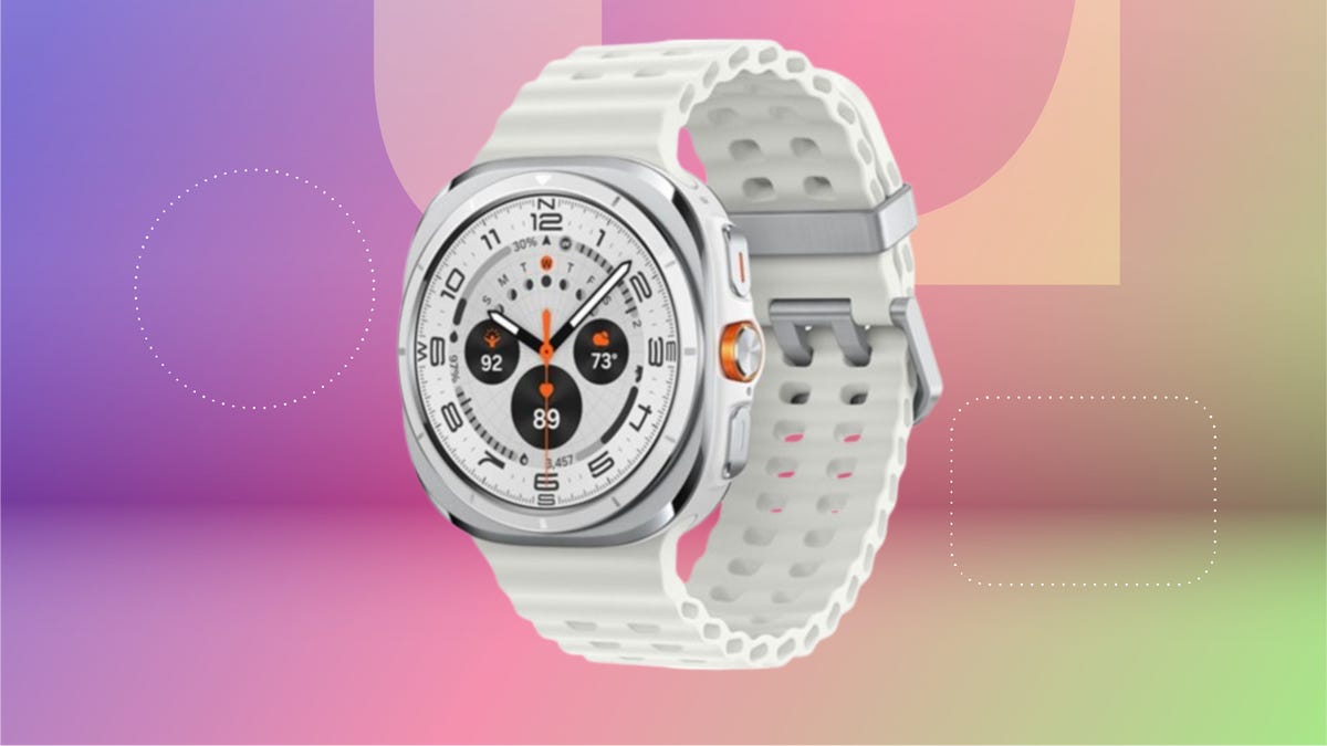 Samsung Galaxy Watch Ultra on green/blue gradient background