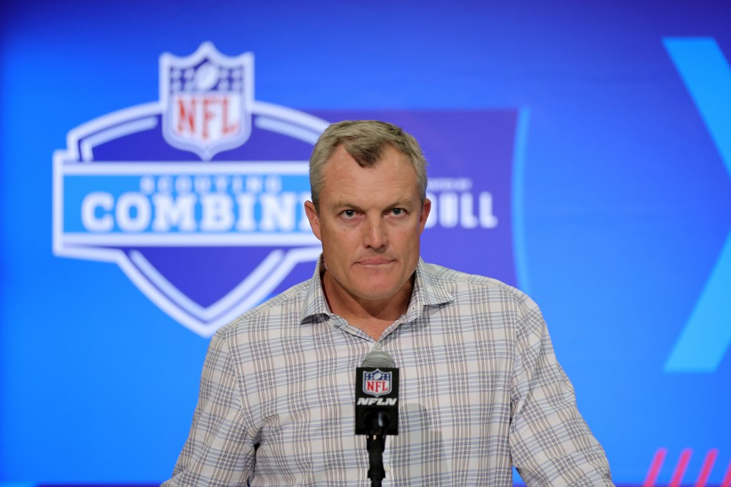 John Lynch, General Manager for the San Francisco 49ers, speaks to media at the NFL Scouting Combine.