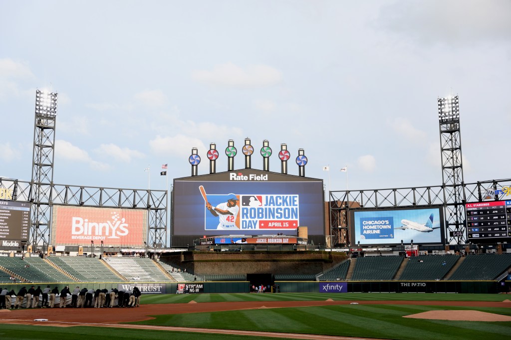 General view of Rate Field and the video scoreboard displaying #42 in honor of Jackie Robinson Day.