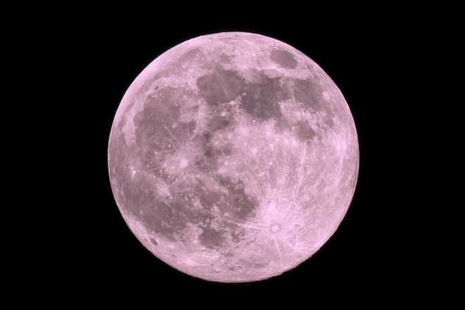 France. Seine et Marne. View of the super full pink Moon. Image taken during the night of 26/27th april 2021.