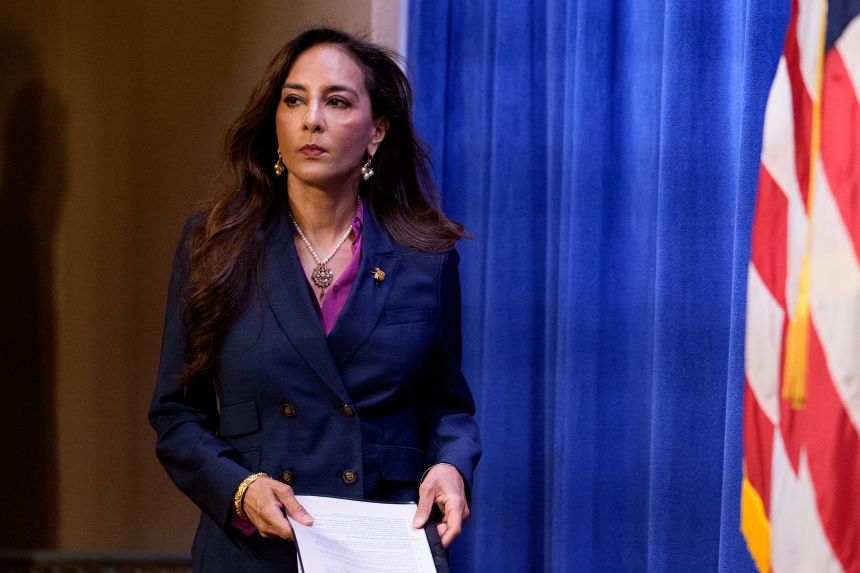 Assistant Attorney General for Civil Rights Harmeet Dhillon arrives for a news conference at the Justice Department on September 29, 2025.
