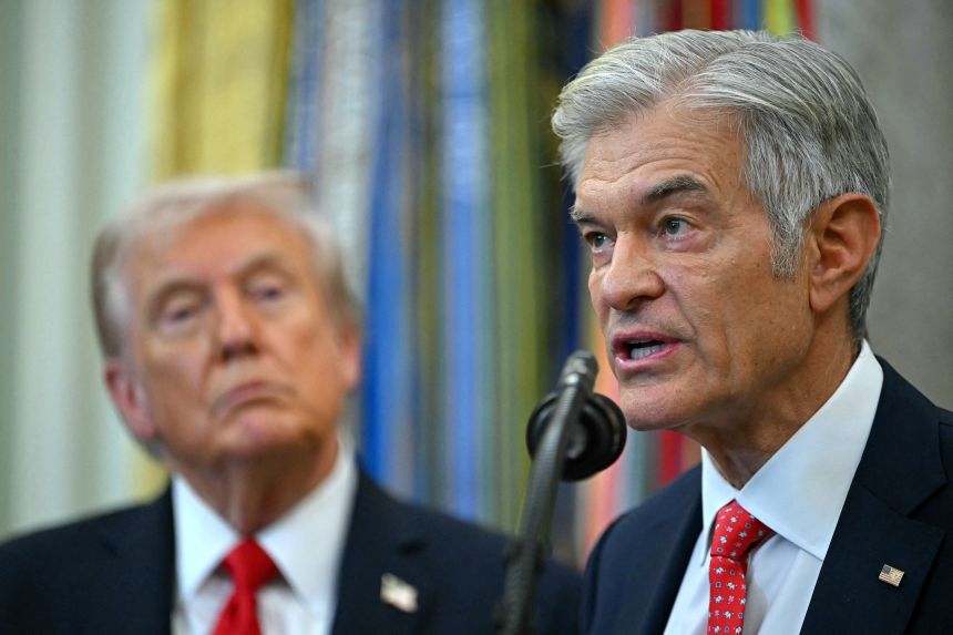 US President Donald Trump listens to Medicare and Medicaid Administrator nominee Mehmet Oz speak during an announcement in the Oval Office of the White House in Washington, DC, on October 16, 2025.