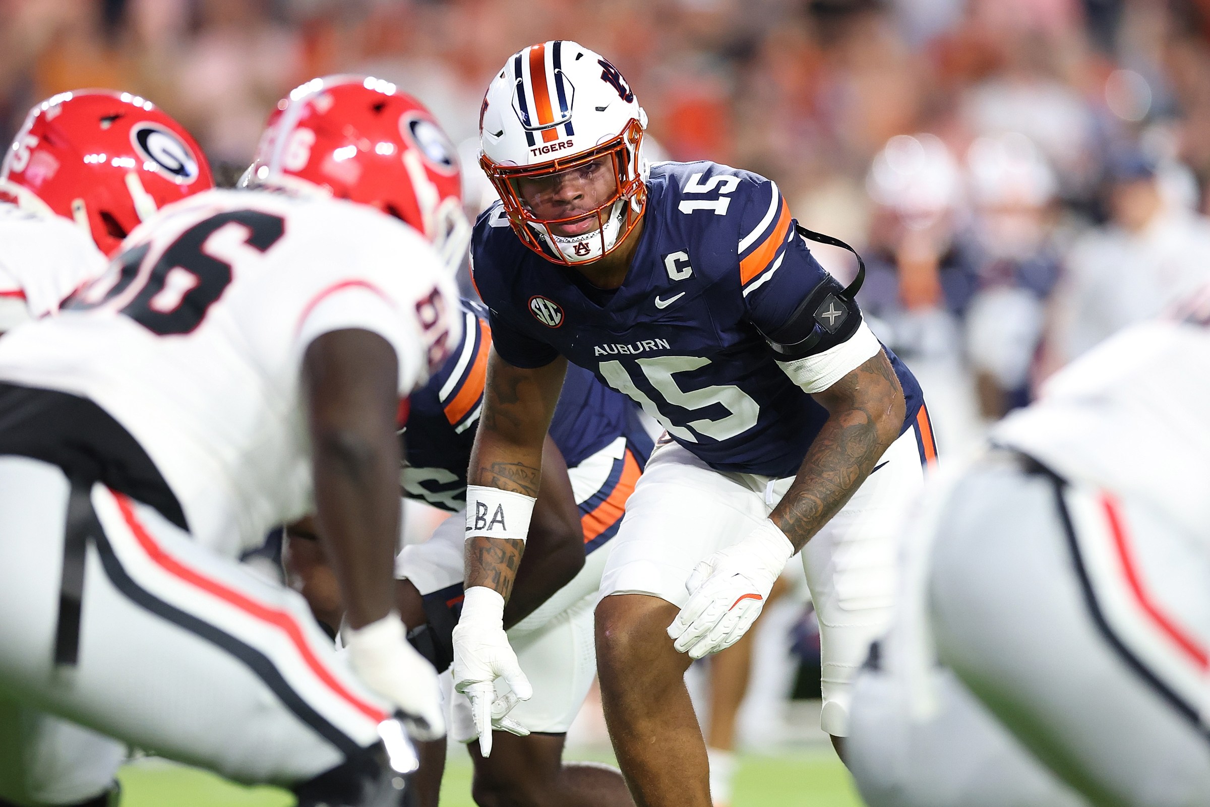 AUBURN, ALABAMA - OCTOBER 11: Keldric Faulk #15 of the Auburn Tigers lines up against the Georgia Bulldogs during the second quarter at Jordan-Hare Stadium on October 11, 2025 in Auburn, Alabama. (Photo by Kevin C. Cox/Getty Images)