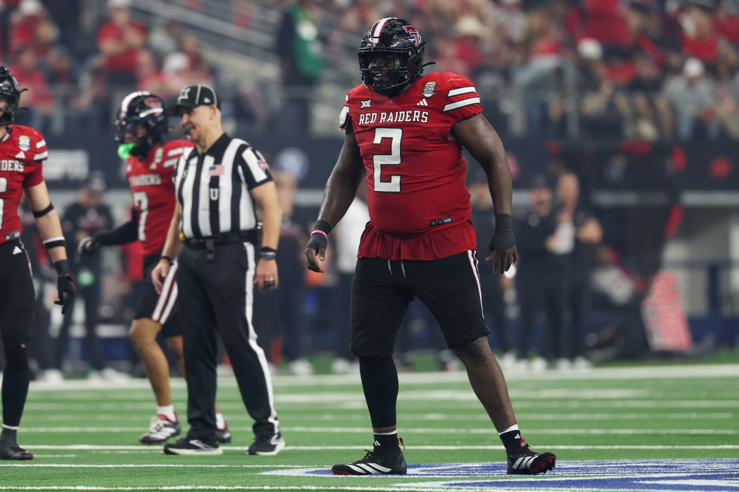 ARLINGTON, TX - DECEMBER 06: Defensive tackle Lee Hunter #2 of the Texas Tech Red Raiders on the field during the Edward Jones Big 12 Championship game between the Texas Tech Red Raiders and BYU Cougars on December 6, 2025, at AT&T Stadium in Arlington, Texas.(Photo by David Buono/Icon Sportswire via Getty Images)