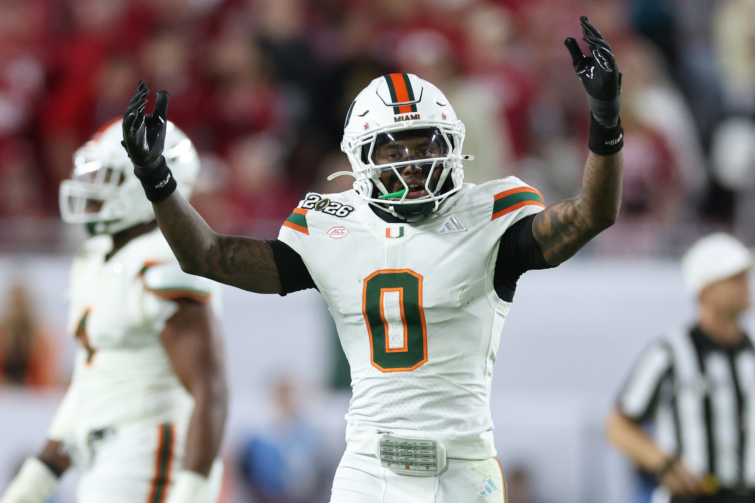 MIAMI GARDENS, FLORIDA - JANUARY 19: Keionte Scott #0 of the Miami Hurricanes reacts during the second quarter against the Indiana Hoosiers in the 2026 College Football Playoff National Championship at Hard Rock Stadium on January 19, 2026 in Miami Gardens, Florida. (Photo by Megan Briggs/Getty Images)