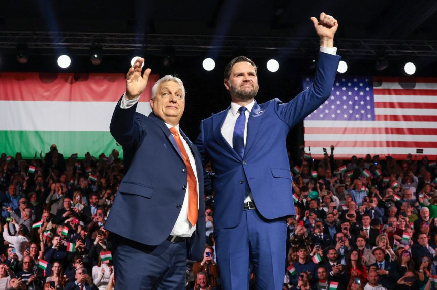 US Vice President JD Vance appears alongside Orbán at the Day of Friendship celebrations at MTK Sportpark in Budapest on Tuesday.