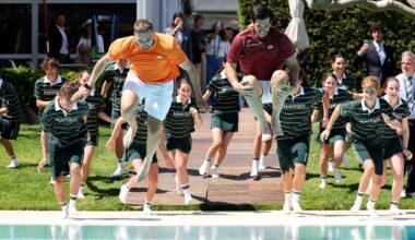 Lloyd Glasspool and Julian Cash celebrate winning Barcelona by jumping in the pool, an annual tradition at the ATP 500 event.