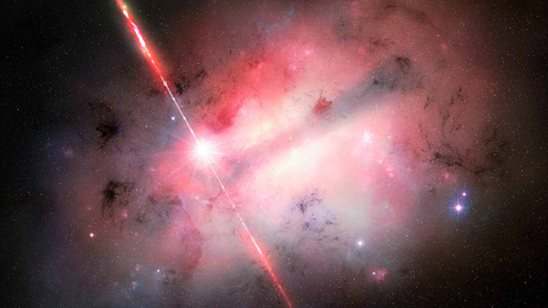 An artist's depiction of GRB 250702B, showing a black hole at the center of a helium star emitting powerful, narrow jets of gamma radiation.