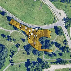 Colony containing millions of ground-nesting bees living underground. (a) Bug Dorm II emergence trap, (b) Aerial view of northeastern corner of East Lawn Cemetery showing area of aggregation (in yellow) and locations of emergence traps (numbered 1-10). Credit: Apidologie