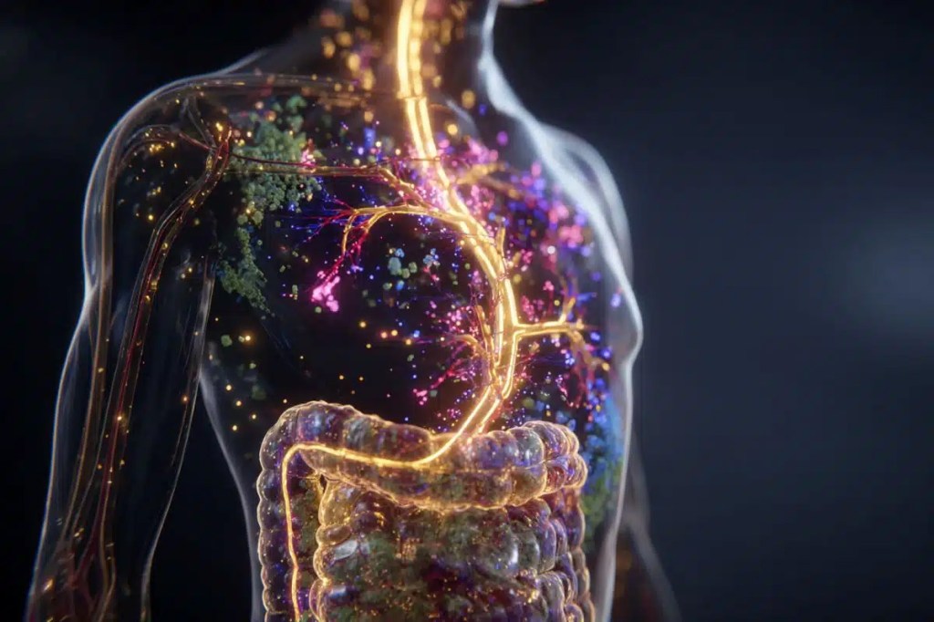 Illustration of a human torso with a visible gut and central nervous system glowing with colorful particles, representing microbes and neural connections.