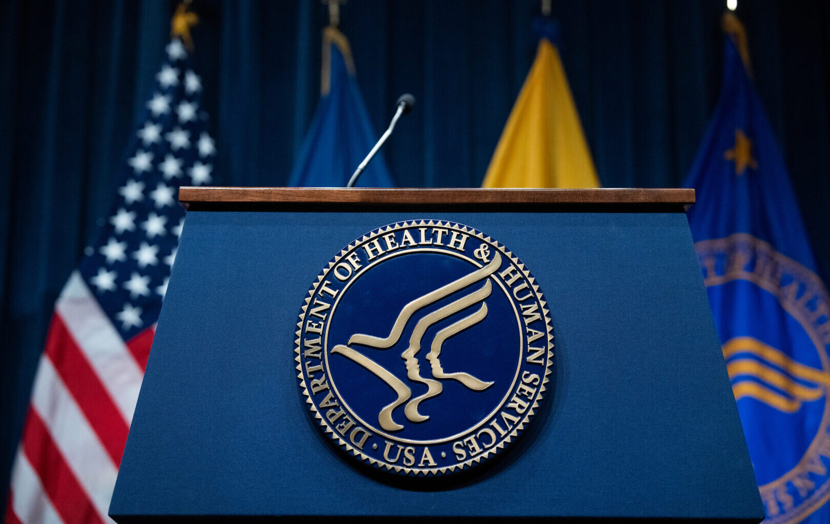 The seal of the Department of Health and Human Services is pictured on a podium before a news conference in April 2025.