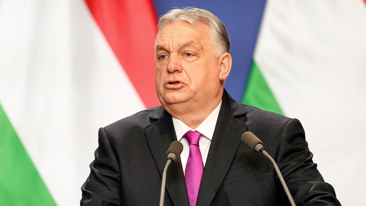 Hungary's Prime Minister Viktor Orban speaking at a news conference with U.S. Secretary of State Marco Rubio in Budapest