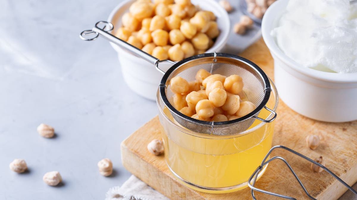 A bowl of aquafaba made from boiled chickpeas