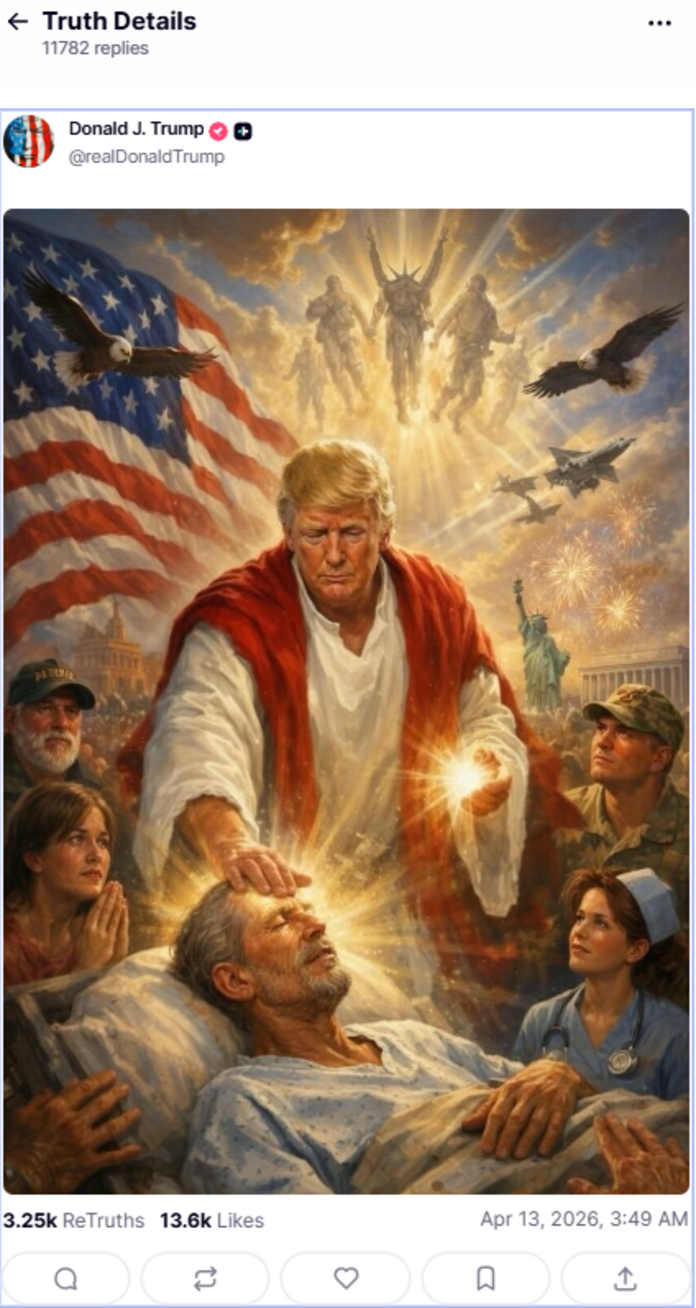 US President Donald Trump posted an image of himself as a biblical figure on his Truth Social platform on Monday, April 13, 2026, before later deleting it.