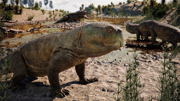 An artistic representation of a Late Triassic landscape of southern Brazil depicting individuals of Isodapedon varzealis in the foreground and a proterochampsid in the background. Image credit: Caio Fantini.