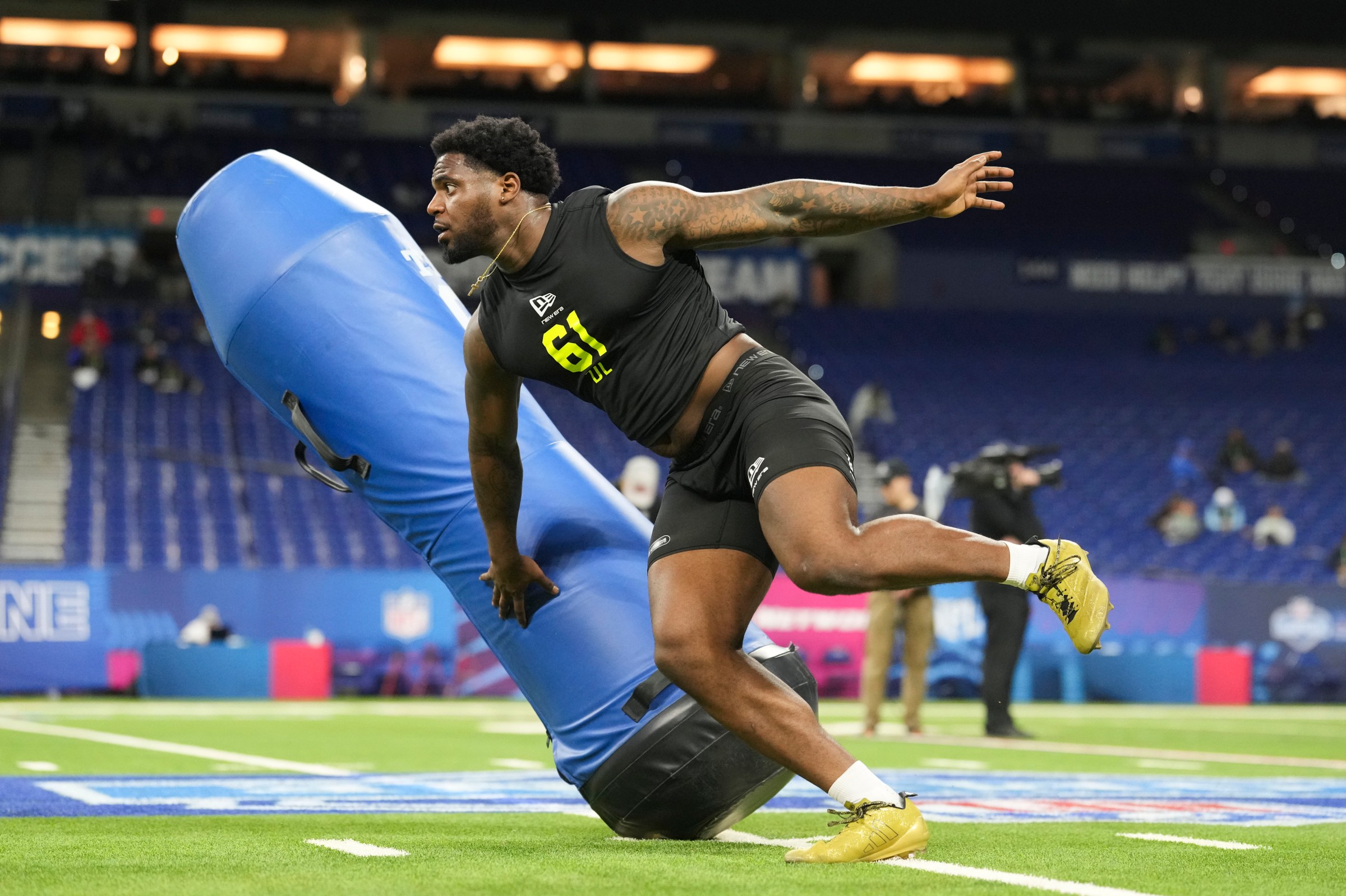 Feb 26, 2026; Indianapolis, IN, USA; Western Michigan defensive lineman Nadame Tucker (DL61) during the NFL Scouting Combine at Lucas Oil Stadium. Mandatory Credit: Kirby Lee-Imagn Images