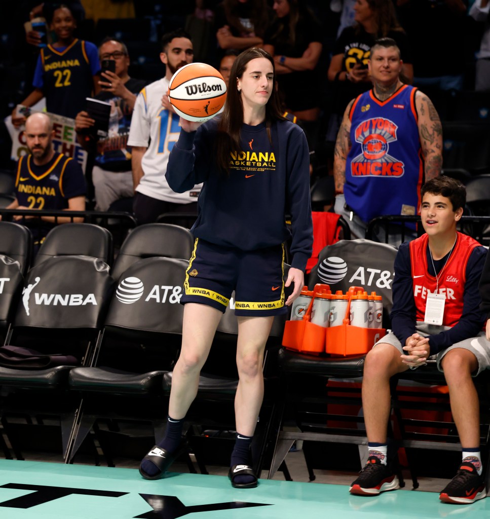 Caitlin Clark is seen in uniform on the court before her teams game against the New York Liberty at the Barclays Center for the game against the New York Liberty in Brooklyn, New York, USA, Tuesday, July 22, 2025. 