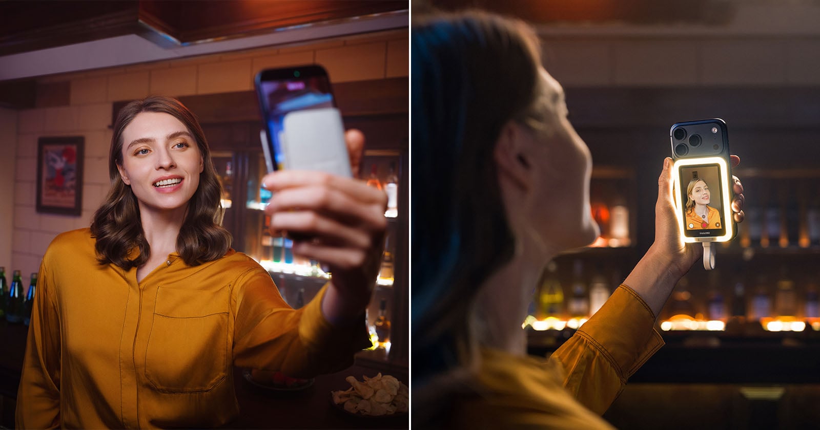 A woman in a yellow shirt smiles and takes a selfie in a bar. The split image shows her holding a smartphone; the second view displays her smiling photo on the phone screen. Bottles and snacks are visible in the background.