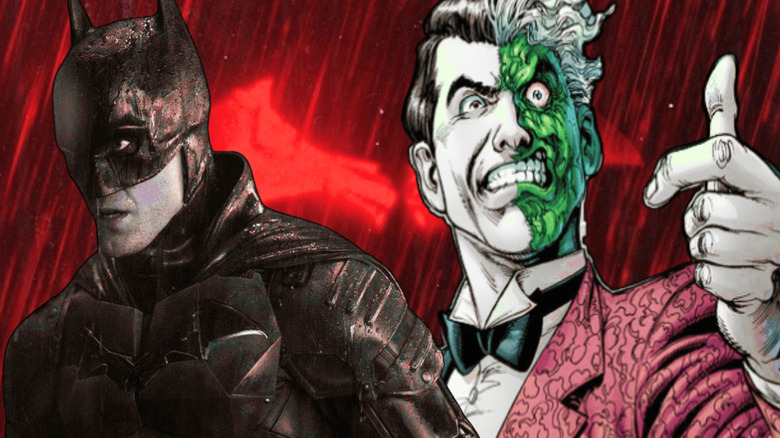 Composite imag of Robert Pattinson and Two-Face behind red Bat symbol