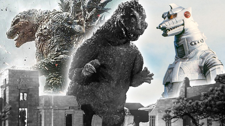 Godzilla (1954) crushing buildings, flanked by Godzilla Minus One and Mechagodzilla in a composite image
