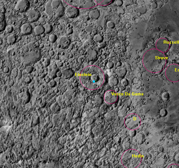 Labeled areas of the moon's gray surface where the Falcon 9 rocket is supposed to land.