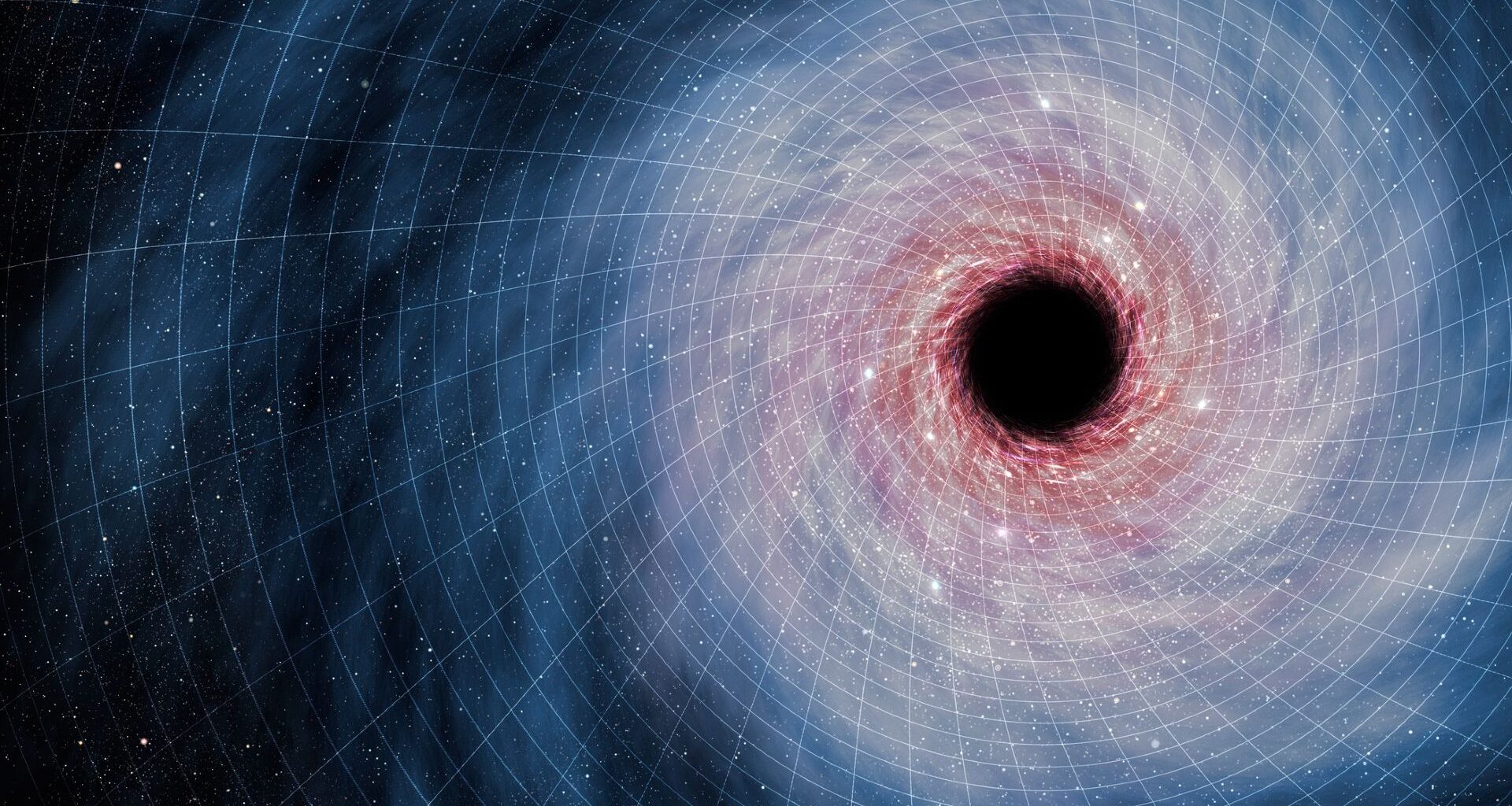 A swirl of blue and red light around a dark black hole in the right side of the image sits on a white grid of blocks showing the fabric of spacetime