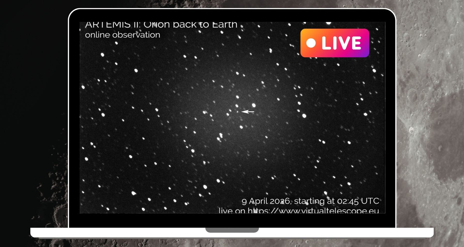 laptop screen showing live stream view of artemis 2 against background stars.