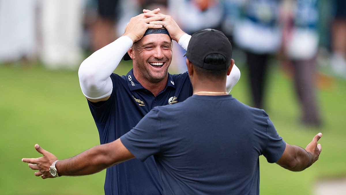 Bryson DeChambeau reacting on the 18th green at Aramco LIV Golf Singapore
