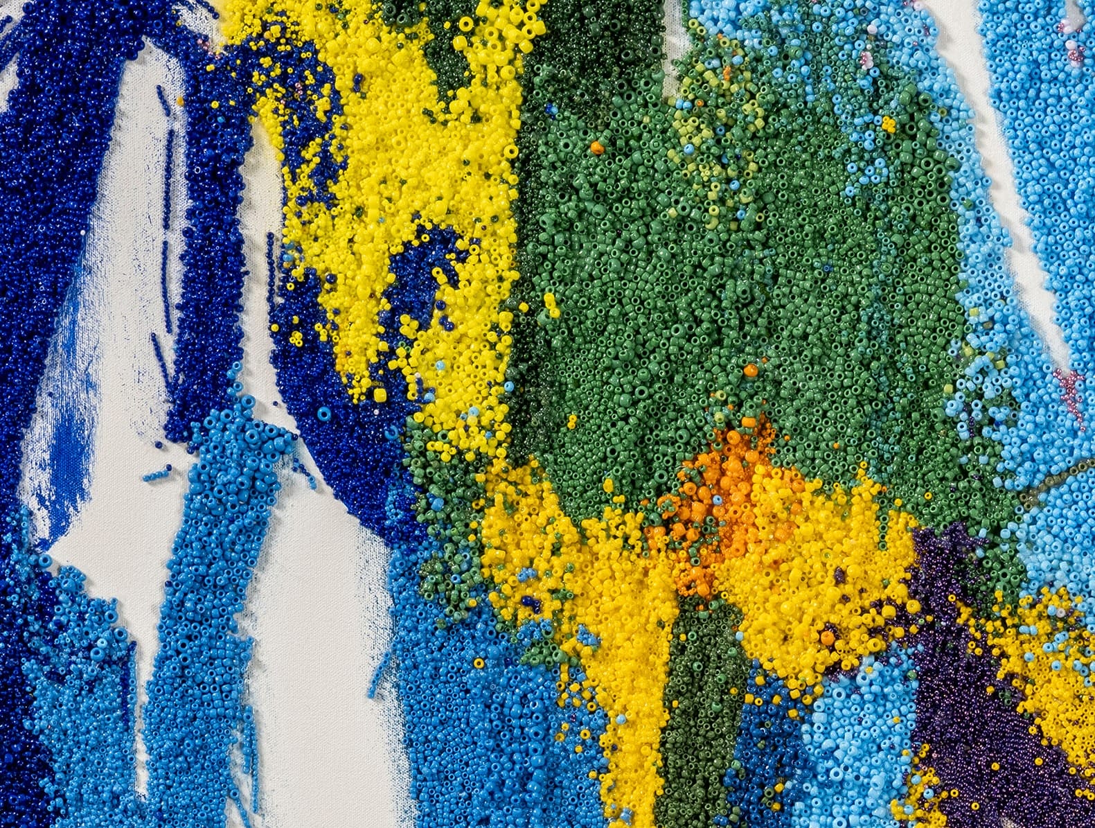 A detail of an Abstract Expressionist mixed-media painting by Liza Lou with thousands of colorful beads representing brushstrokes