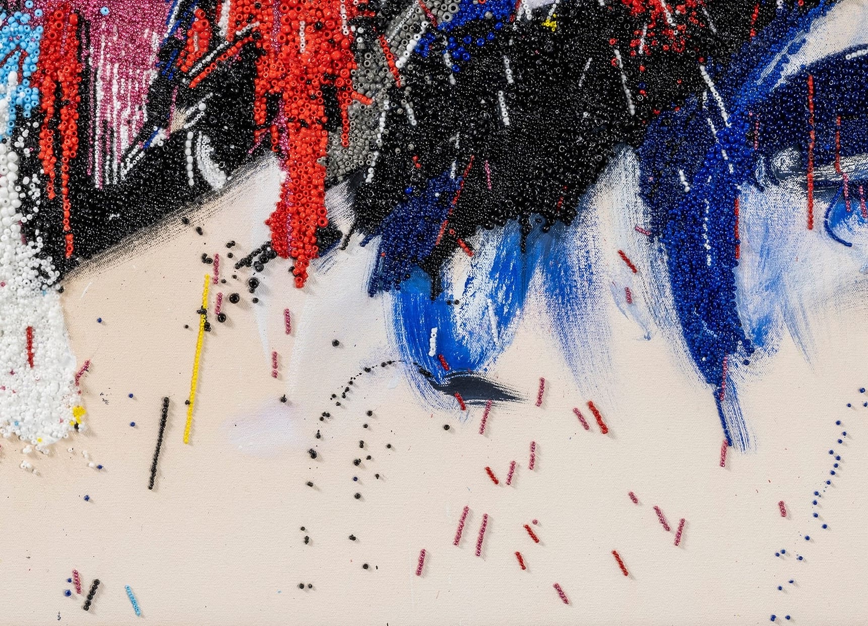 A detail of an Abstract Expressionist mixed-media painting by Liza Lou with thousands of colorful beads representing brushstrokes and splatters