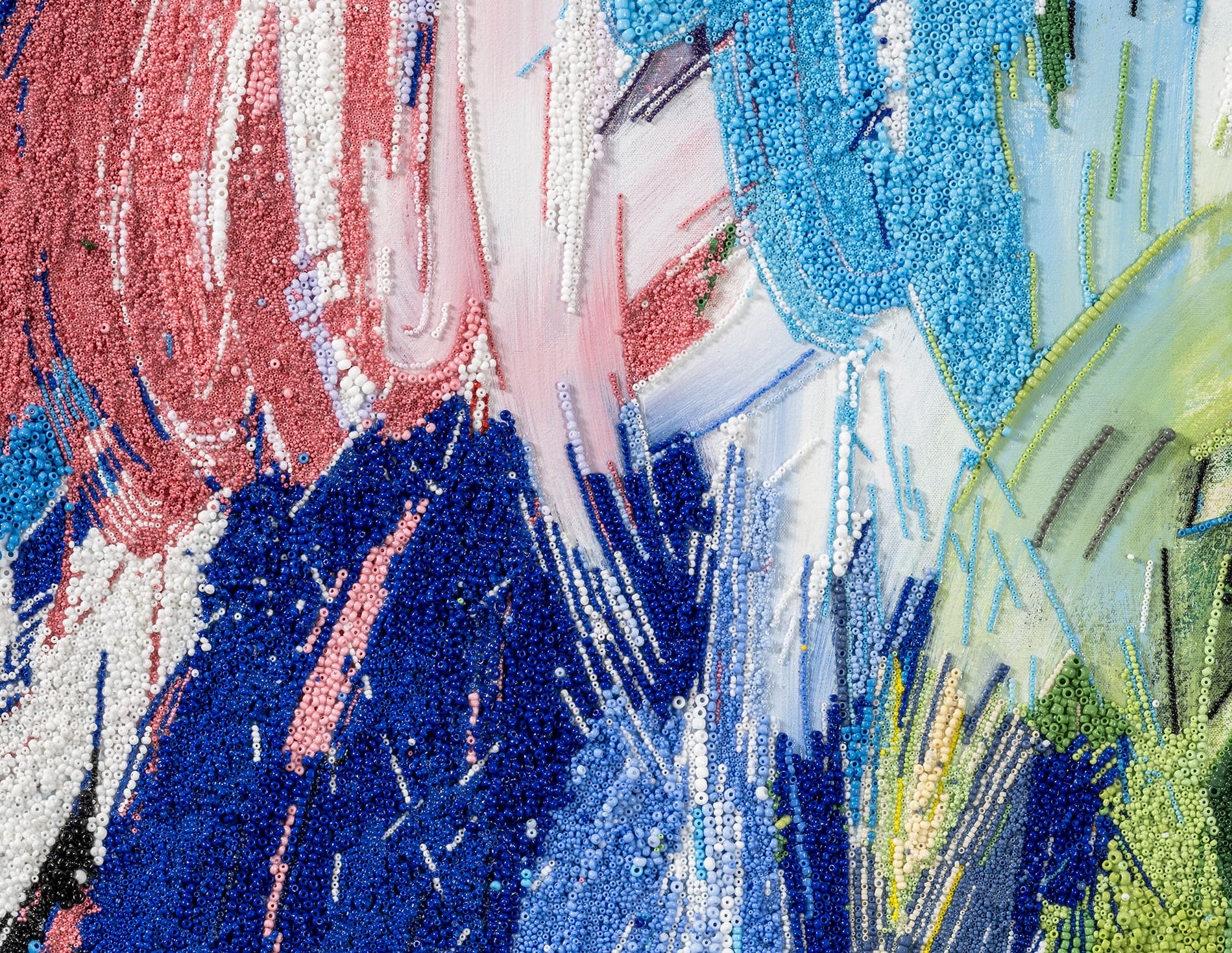 A detail of an Abstract Expressionist mixed-media painting by Liza Lou with thousands of colorful beads representing brushstrokes and splatters