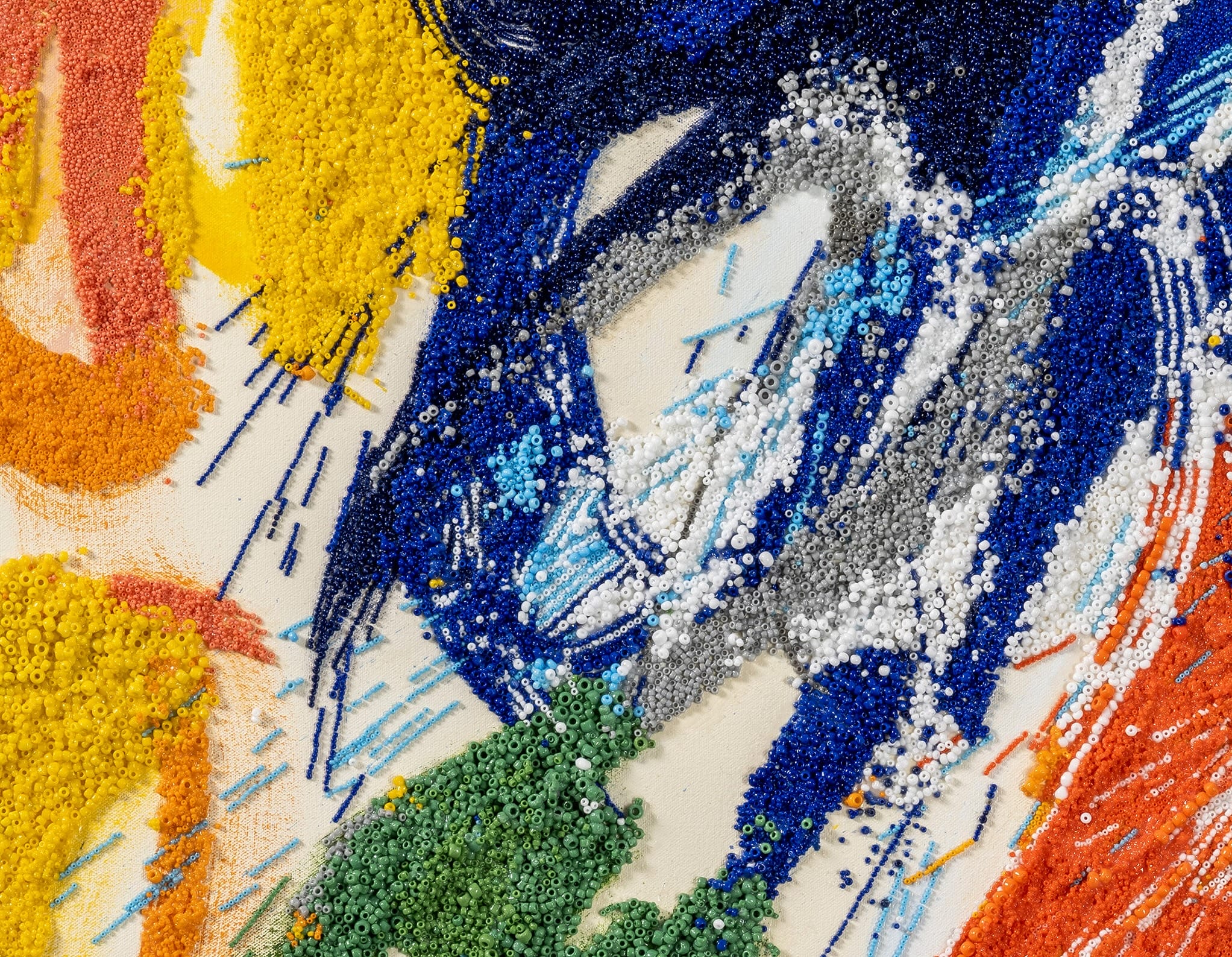 A detail of an Abstract Expressionist mixed-media painting by Liza Lou with thousands of colorful beads representing brushstrokes