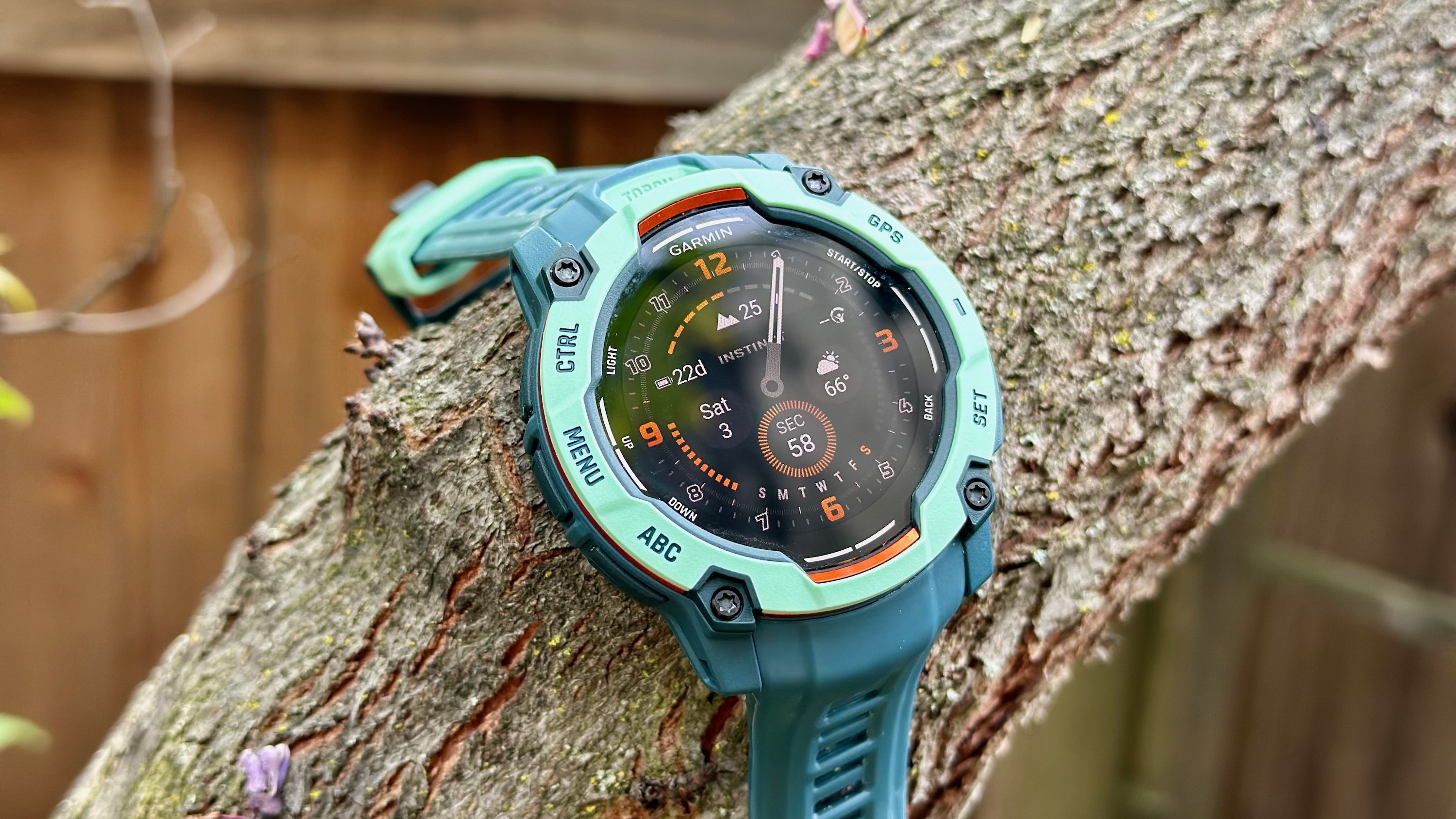 The Garmin Instinct 3 50mm AMOLED perched atop a thick tree branch at a 45&ordm; angle, the watch face showing traditional watch hands above various small data fields.