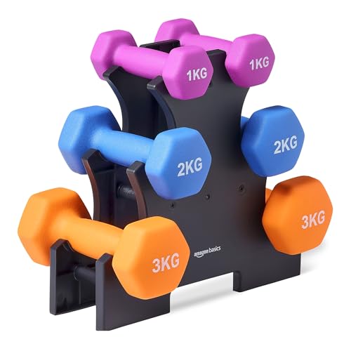 Amazon Basics Neoprene Dumbbell Weights With Stand, Set of 3 Pairs (1 Kg, 2 Kg, 3 Kg), Multicolor