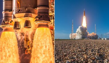 Close-up of rocket engines firing with bright flames and smoke on the left; wide view of a rocket launching, rising above a launch pad with clouds of smoke and blue sky on the right.