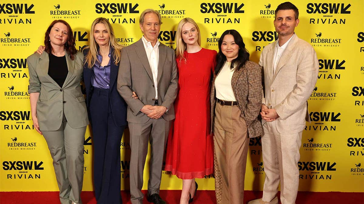Writer and executive producer Eva Anderson with executive producers Michelle Pfeiffer, David E. Kelley, Elle Fanning, Thaddea Graham, and Matthew Tinker at SXSW premiere.