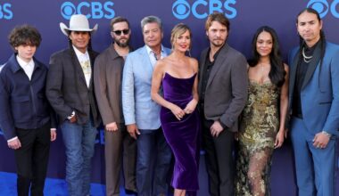Brecken Merrill, Mo Brings Plenty, Logan Marshall-Green, Gil Birmingham, Arielle Kebbel, Luke Grimes, Ash Santos, and Tatanka Means attend CBS Fest 2026 at Paramount Pictures Studios on April 15, 2026 in Los Angeles, California.