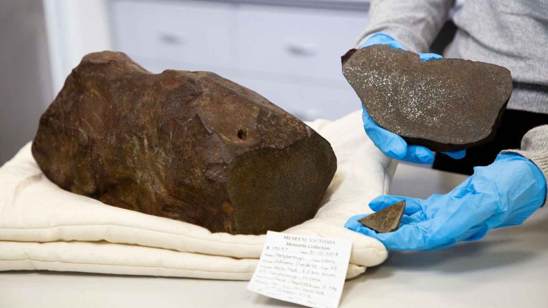 Maryborough meteorite with its rough outer surface and cut interior on display after scientists confirmed it was a space rock found in Australia.