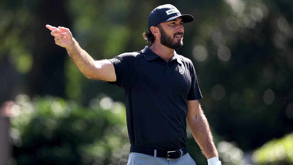 Max Homa reacting after playing a shot from the third tee at Harbour Town Golf Links