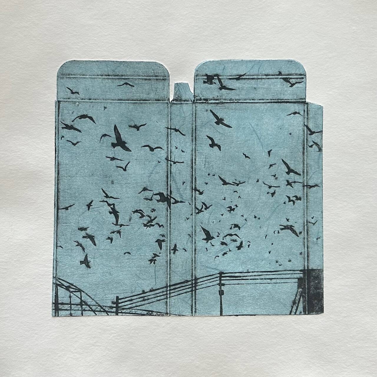 a collagraph print made in the outline of a small, flattened, cardboard carton with imagery of power lines and many birds in the air