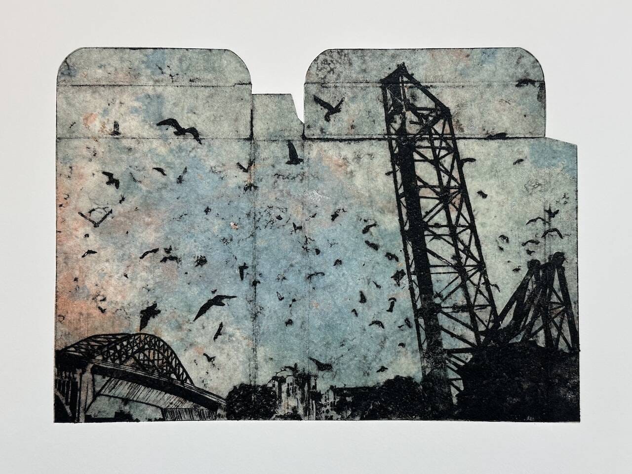 a collagraph print made in the outline of a small, flattened, cardboard carton with imagery of an electrical pylon and birds in the sky