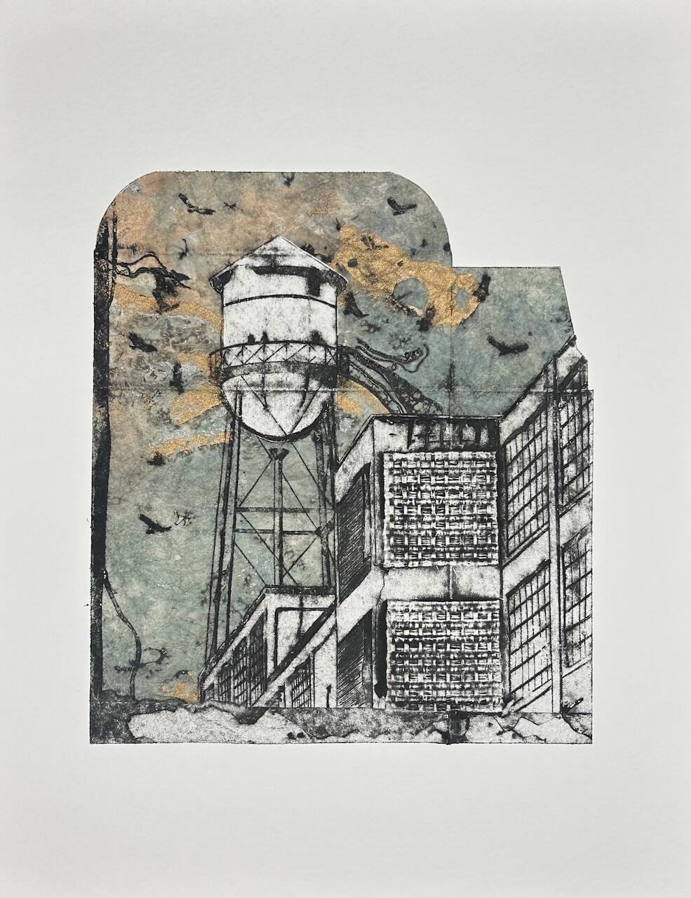 a collagraph print made in the outline of a small, flattened, cardboard carton with imagery of a water tower and birds
