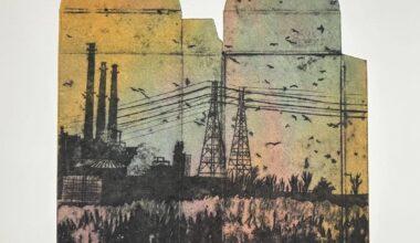 a collagraph print made in the outline of a small, flattened, cardboard carton with imagery of birds in the air and huge electrical pulons
