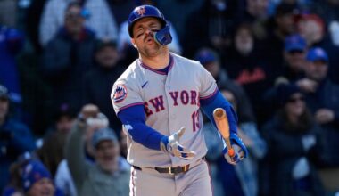 New York Mets' Luis Torrens reacts after striking out swinging during the 10th inning of a baseball game against the Chicago Cubs in Chicago, Sunday, April 19, 2026. (AP Photo/Nam Y. Huh)