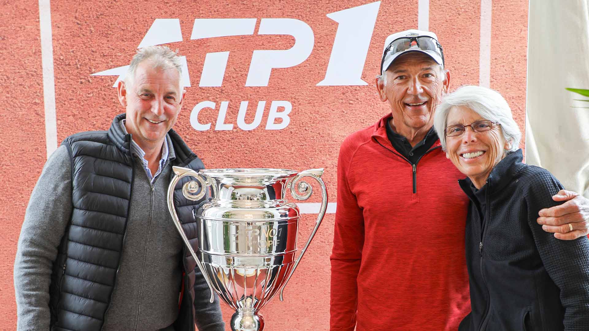 Thomas Muster with Ray Sahag and Walker Sahag alongside the ATP Year-end No. 1 presented by PIF trophy.