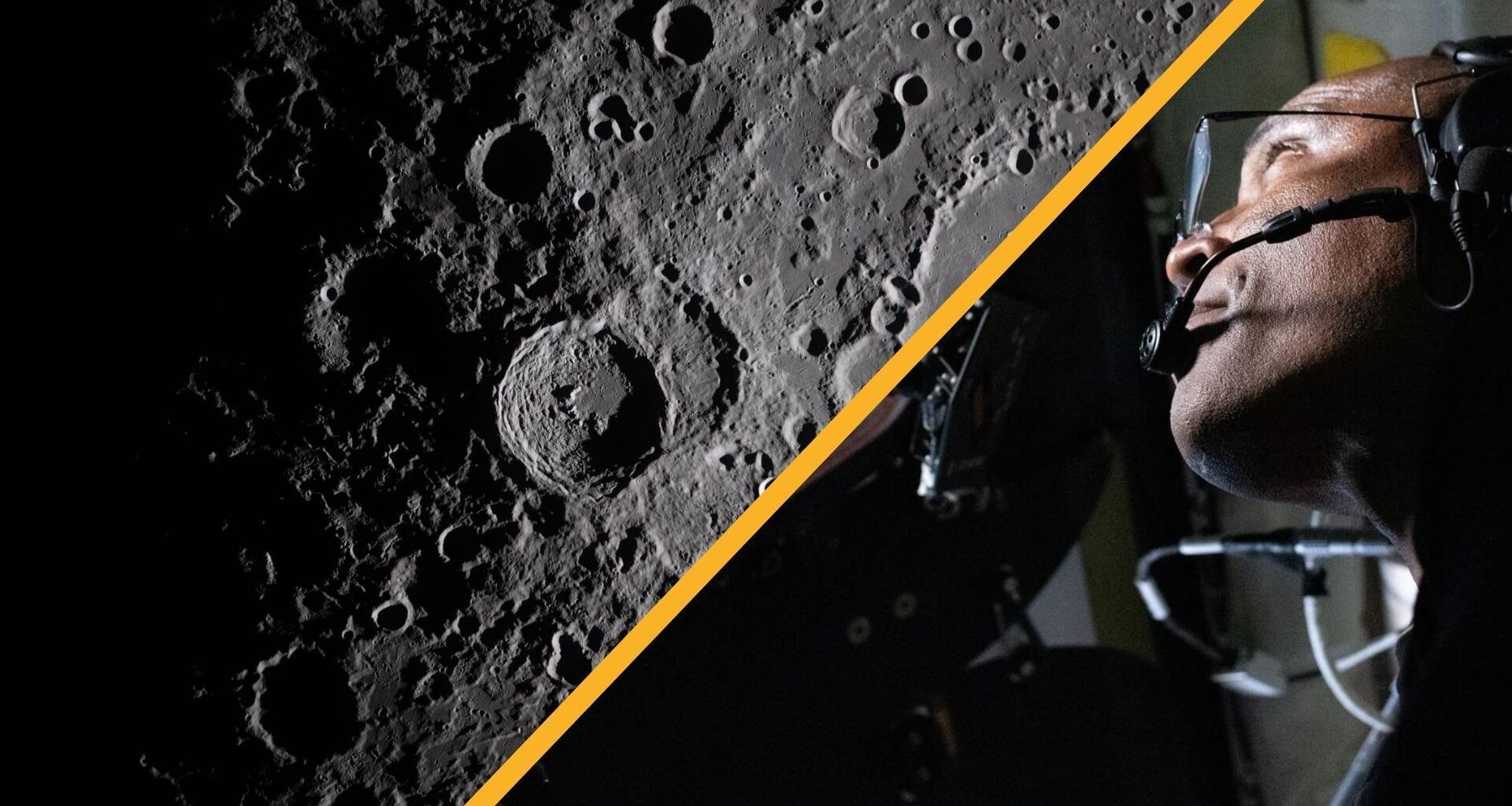 A composite of two images, the one on the left being a close up of the moon's gray, cratered surface and the right showing a man wearing glasses looking out a window to the left of the image