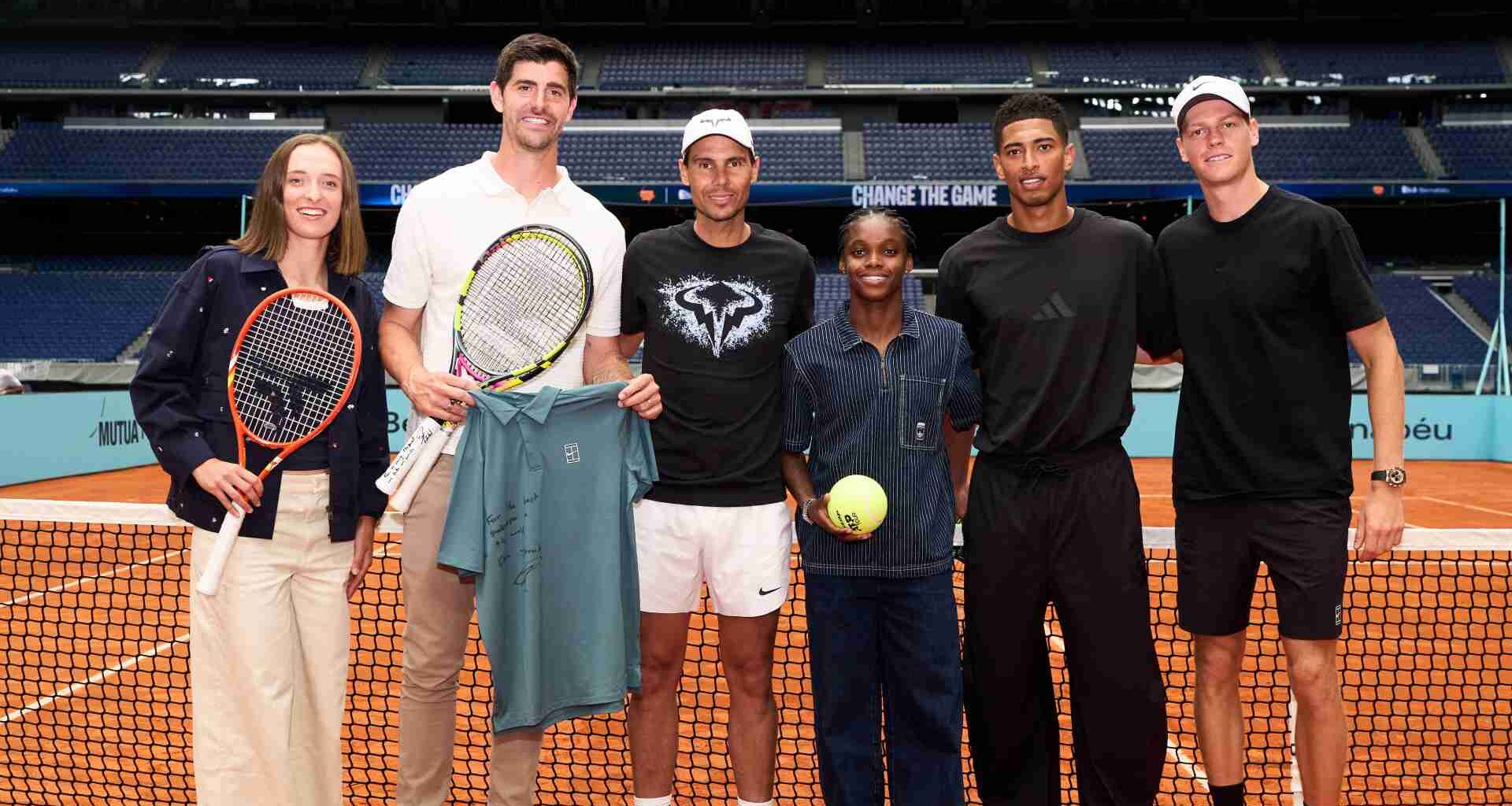 Iga Swiatek, Thibaut Courtois, Rafael Nadal, Jude Bellingham and Jannik Sinner at the Bernabeu in Madrid on Thursday.