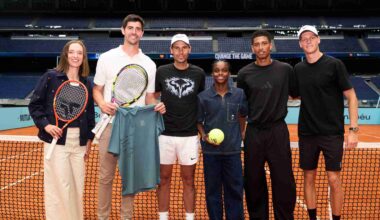 Iga Swiatek, Thibaut Courtois, Rafael Nadal, Jude Bellingham and Jannik Sinner at the Bernabeu in Madrid on Thursday.